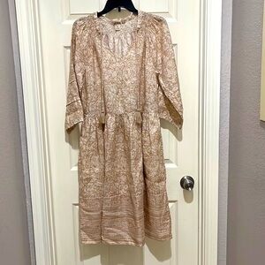 Magaschoni Neutral Ink Floral Print Beige Drop Waist Dress Size Medium